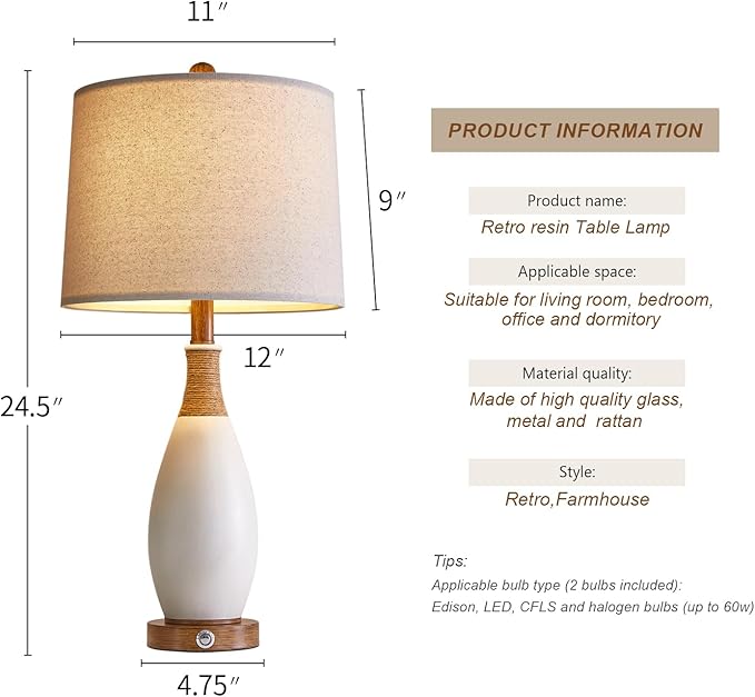 OYEARS 24.5” 3-Way Dimmable Touch Control Bedside Table Lamp Set of 2