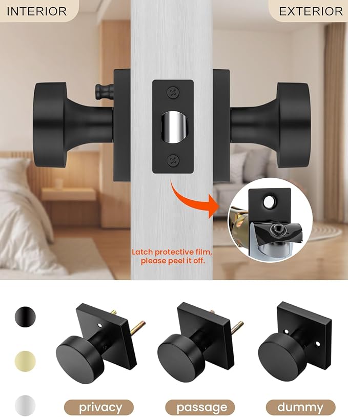 Haidms Matte Black Door Knobs Interior Privacy, Heavy Duty Square Black