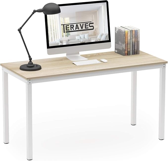 Teraves Computer Desk/Dining Table Office Desk Sturdy Writing Workstation for Home Office (39.37“, Beige + White Frame)