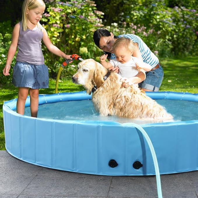63" Large Dog Pool with Sprinkler, 2-in-1 Foldable Swimming Pool Non-Slip Hard Plastic Splash Sprinkler Kiddie Pool for Outdoor Backyard Kids Dogs Ducks and Pet Baths