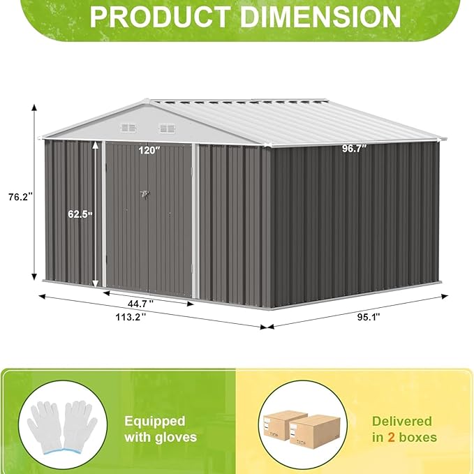 JUMMICO 8 x 10 FT Outdoor Storage Shed, Large Metal Garden Shed & Tool Sheds for Backyard Garden Patio Lawn (Grey)
