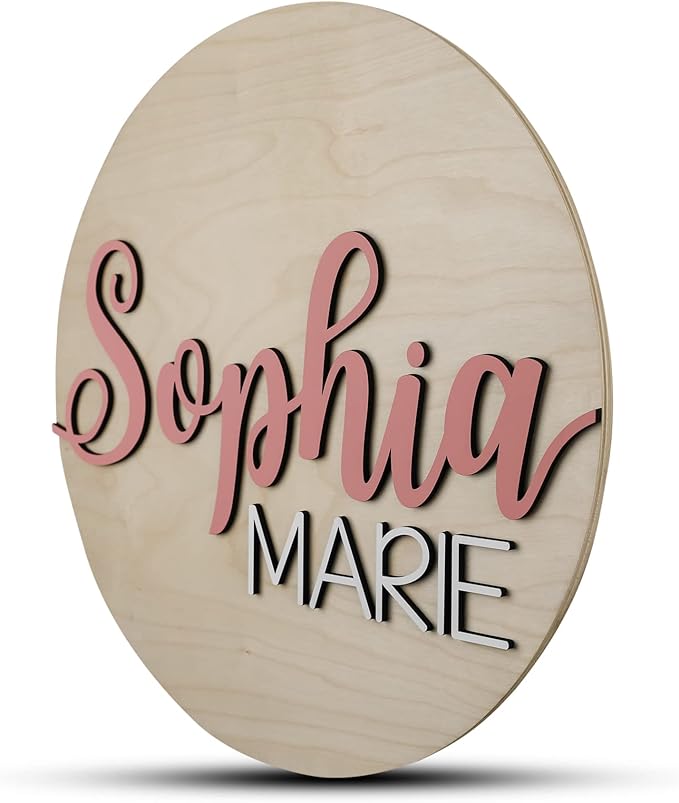 Custom Round Nursery Name Sign, Personalized Wooden Wall Plaque, 12" 18" 24", 30" 3D Wall Art for Children & Kids Rooms, Baby Shower, Hickory Hollow Designs (Sophia Marie)
