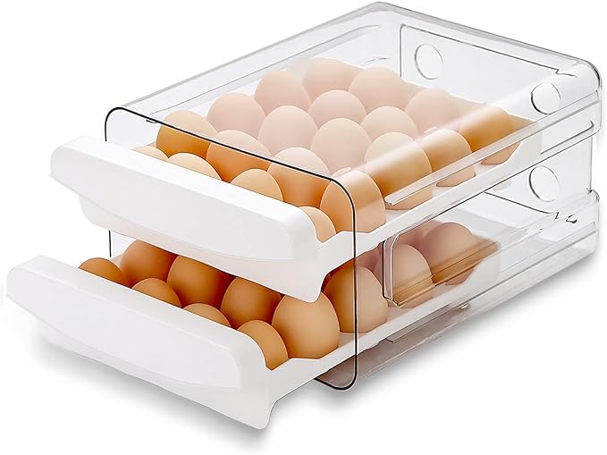 HOMQUEN Egg Holder, Clear Plastic - 2 Layer/40 Grid Egg Tray & Fresh Storage Box for Fridge