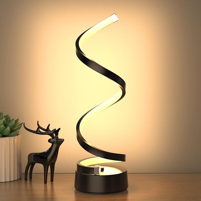 NUÜR Classic Spiral LED Table Lamp Black, Dimmable Metallic Bedside Lamp