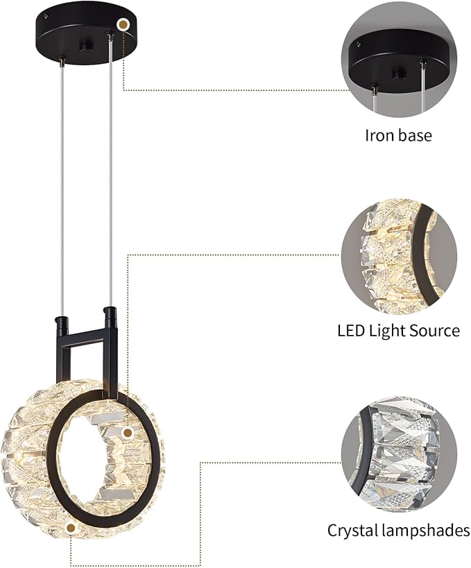 Kitchen Island Mini Light Fixture Modern Led Crystal Pendant Light Black Round