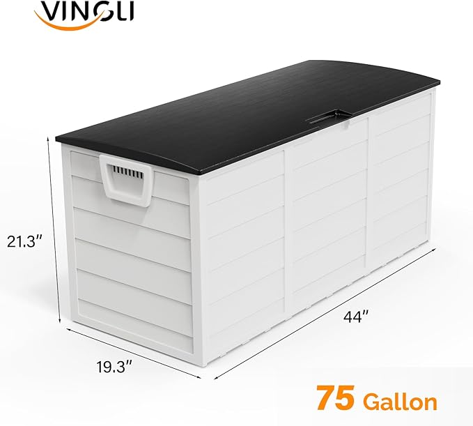 VINGLI 75 Gallon Outdoor Storage Box, Lockable Plastic Storage Containers with Lid, Patio Deck Box Furniture for Garden, Pool, Balcony, Yard (White)