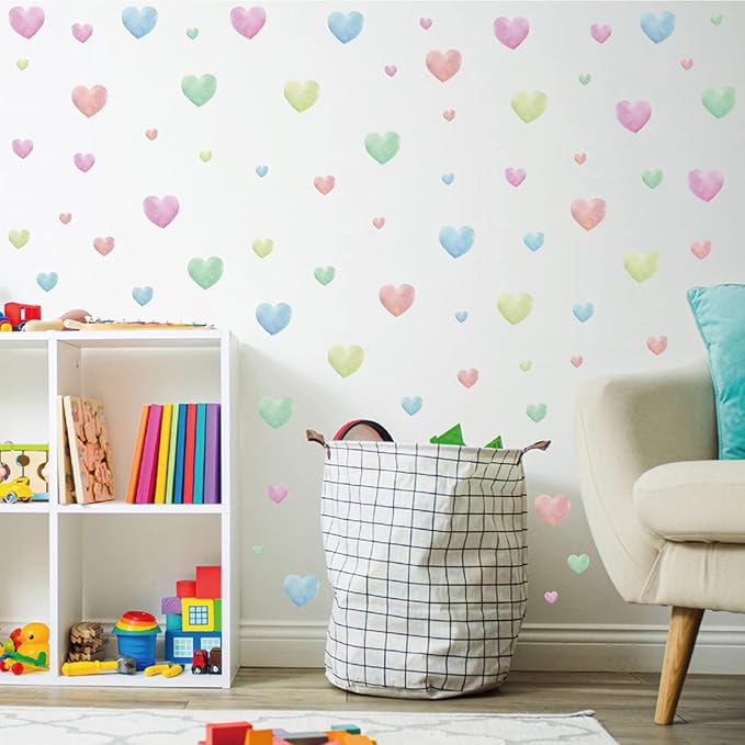 Watercolor Heart Wall Stickers,Colorful Heart Wall Decals,Easy to Peel and Stick Multicolor Heart Wall Decoration for Kids Bedroom Wallpapper Nursery Living Room Classroom Wall Décor