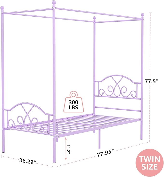 Weehom Princess Canopy Bed Frame with 4 Posters, Sturdy Metal Platform with Headboard&Footboard No Box Spring Needed Twin Size Bed for Kids Girls Adults,Purple