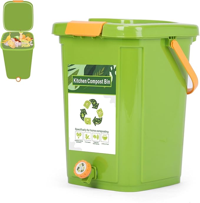 Compost Bin Outdoor, 21 L Garden Composting Bin Bags, Breathable Screen Window Reusable Garden Yard Waste Bags Speed Up Composting & Reduce Odors, Indoor Small Kitchen Compost Bin with Lid, Green
