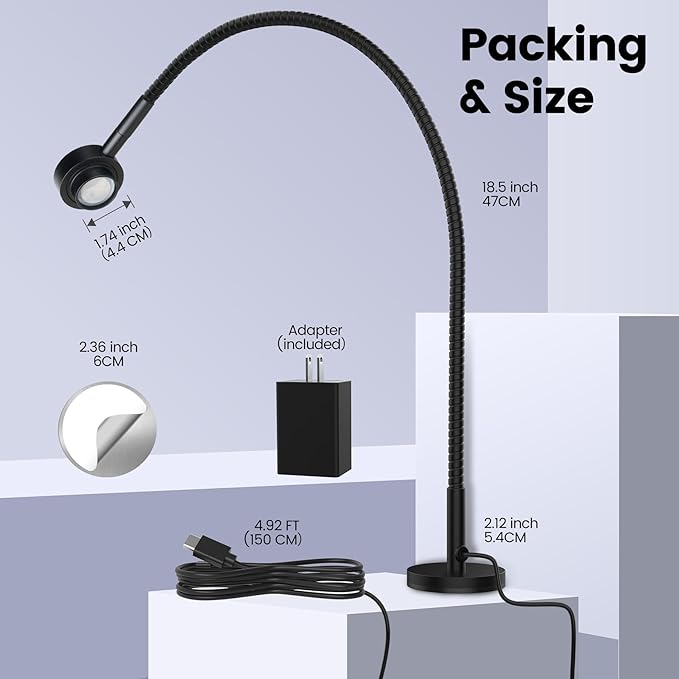 Flexible Reading Light, Book Light, Desk Lamp, Magnetic Base, 3 Color Dimmable