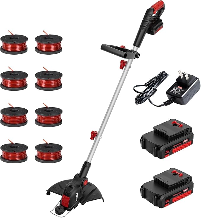 MZK 20V 12'' Cordless String Trimmer, Grass Trimmer&Edger with 8 Replacement Spools, Battery Powered Weed Trimmer with Auto Line Feed for Lawn,Garden(2 * 2AH Battery and Charger Included)