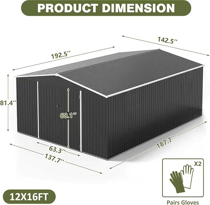12x16 FT Outdoor Storage Shed, Garden Shed with Updated Frame Structure and Lockable Doors, Metal Tool Sheds for Backyard Garden Patio Lawn, Black