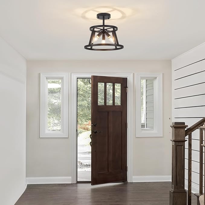 12.59" Black Semi Flush Mount Ceiling Light, 3-Light Modern Close to Ceiling