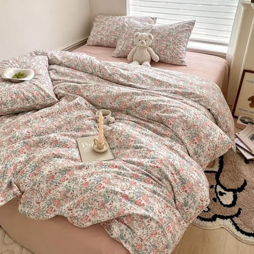 Queen Size Comforter Set Boho Pink Floral Bedding Comforter with 2 Pillowcases Vintage Garden Style Boho Comforter for Queen Bed Cute Flower Bedding Fluffy Cottagecore Botanical Comforter Set