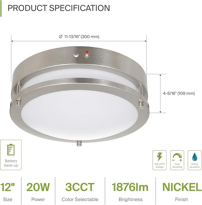 ASD LED 12" Round Flush Mount Lighting, Close to Ceiling Light Fixture | 3CCT