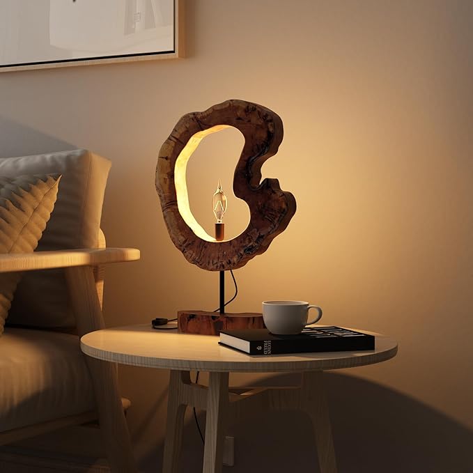 LAPTAIN Wood Table Lamp, Irregular Jujube Tree Wooden Bedside Lamp, Creative