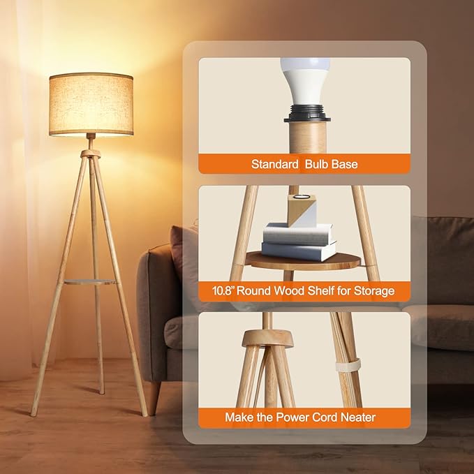 OUTON Wood Tripod Floor Lamp with Shelves, Mid Century Floor Lamp with Remote Control,4 Color Temperature, LED Modern Dimmable Standing Lamp with Beige Linen Shade for Living Room, Bedroom, Office