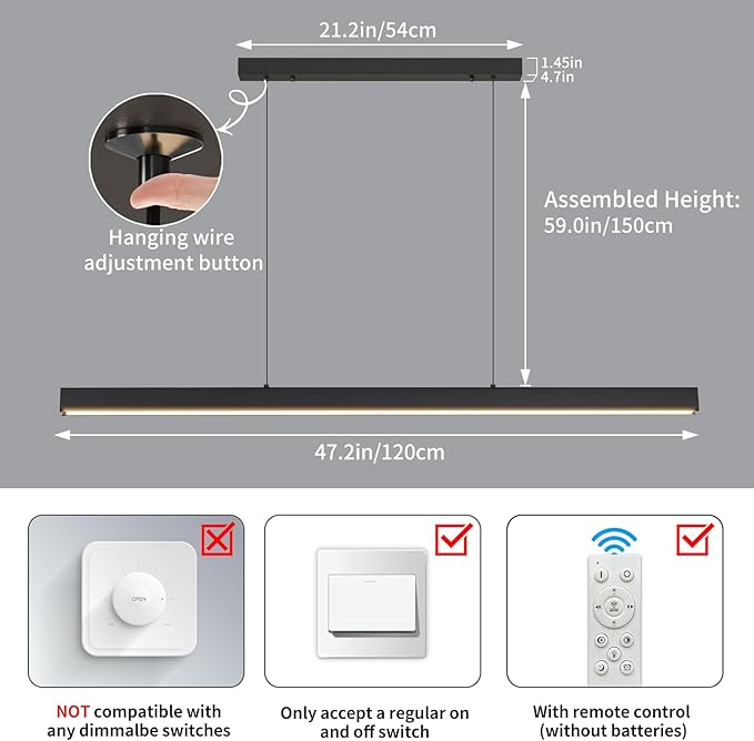 Modern LED Linear Pendant Light, 47IN Ceiling Chandlier Light Fixtures Hanging