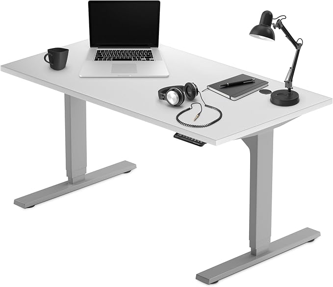 Progressive Desk Stand Up Adjustable Height Electric Standing Desk - 60"x30" Dual Motor, Computer Workstation Sit Stand Table for Home Office - Warm White, Gray Frame