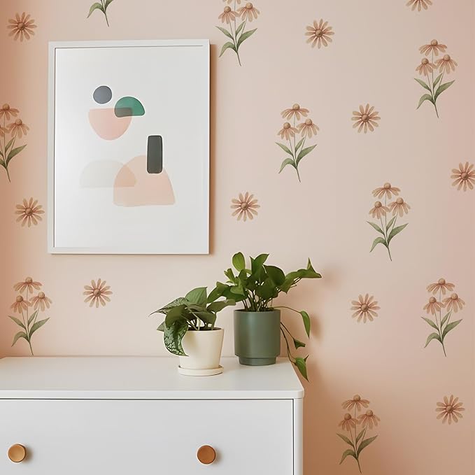 YouRfocus Daisy Wall Decals | Boho Flower Stickers for Girls' Rooms, Playrooms, Nurseries | Dual Layer Print for High Coverage | Removable Peel and Stick (Light Purple & Orange) | 6 Sheets