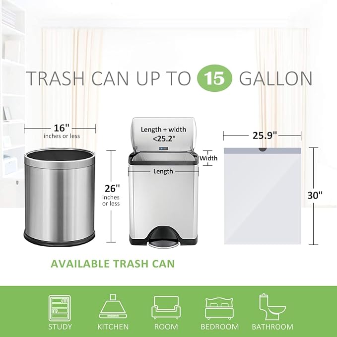 Teivio 15 Gallon 60 Counts Strong Tall Kitchen Drawstring Trash Bags, Medium Plastic Garbage Bags for Home Kitchen Office Garden Outdoor Tall Trash Can, Waste Bin Liners White