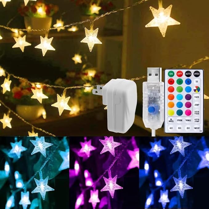 Minetom Star String Lights for Bedroom - 33 ft Plug-in Color Changing Star