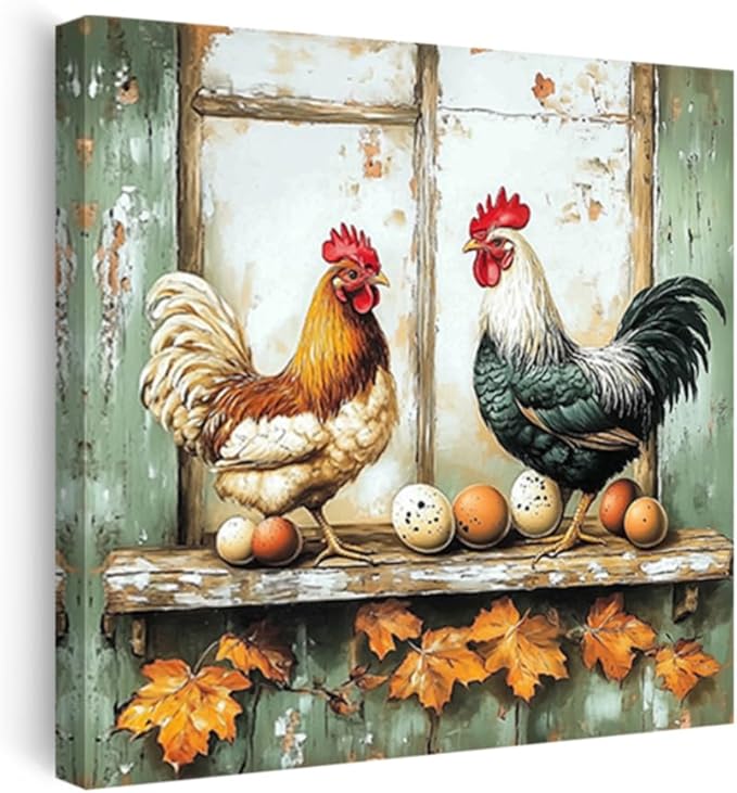 CCWORKERRY Chicken Kitchen Pictures Wall Art Rooster and Eggs Canvas Prints Farm Animals Wall Decor for Farmhouse Dining Room Decor Framed(Green,28" x 28")