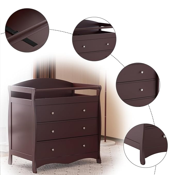 Karl home Changing Table Dresser Baby Diaper Changing Station Infant Nursing Table with 3 Drawers, Safety Rail & Strap for Bedroom, Nursery, Brown