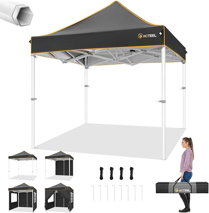 Hoteel 6.6 x 6.6 Pop up Canopy,Easy Up Heavy Duty Canopy with 4 Sidewalls,Upgrade Hexagonal Tube UPF50+ 1500mm Waterproof,Outdoor Canopy Tent with Carry Bag for Commercial Events,Beach,Camping,Black
