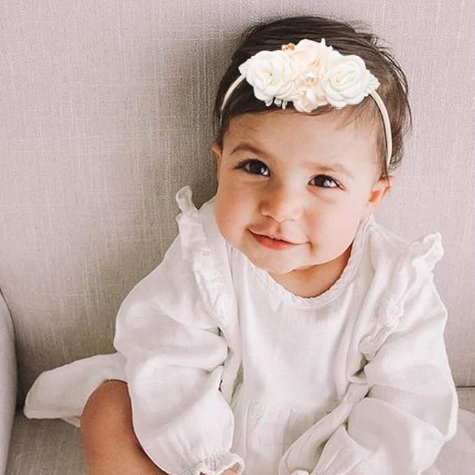 Baby Girl Nylon Headbands Flower Hair Bows Accessories-Elastic Hair Band Crown Handmade FLoral Wraps Birthday Gifts for Girls Newborn Infant Toddler 3Pcs