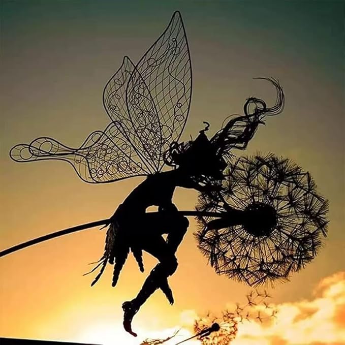 Flower Fairy Dancing with Dandelion, Art Sculpture Fairies for Fairy Garden, Angel Metal Ornaments Gardens Art Sculpture, Outdoor Decorations for The Courtyard, Christmas and Halloween Lawn (E)