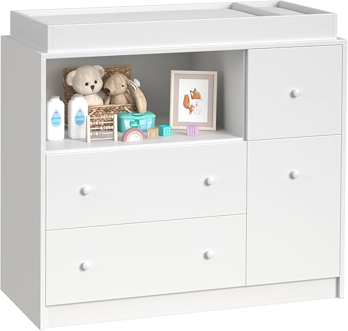 Baby Changing Dresser with Large Tabletop, 3 Drawers, Open Storage Space, and Open Storage Shelf – Ideal Changing Table for Nurseries and Baby Rooms