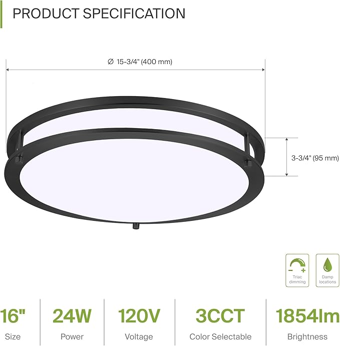 ASD LED 16" Round Flush Mount Lighting, Close to Ceiling Light Fixture | 3CCT