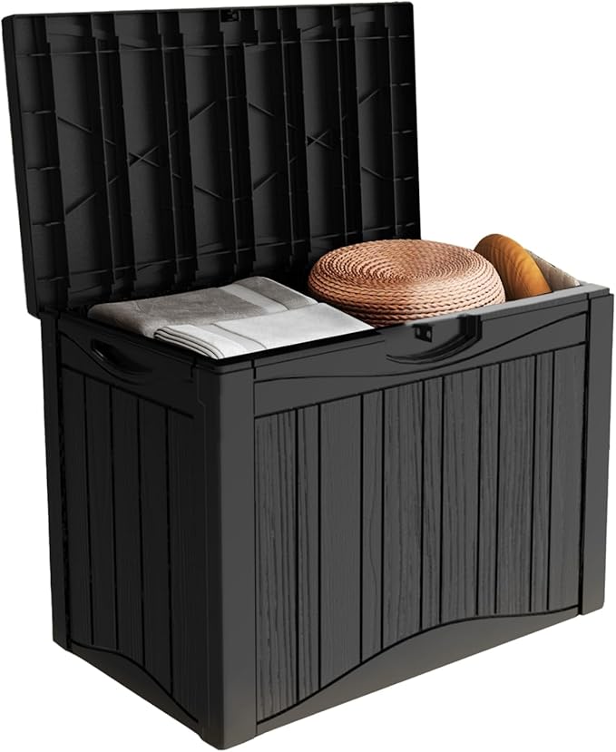 50 Gallon Heavy Duty Outdoor Deck Box with Lockable Lid, All Weather Waterproof Storage for Patio Cushions, Pool Toys, Garden Tools - Rust-Proof Resin Design (Black)