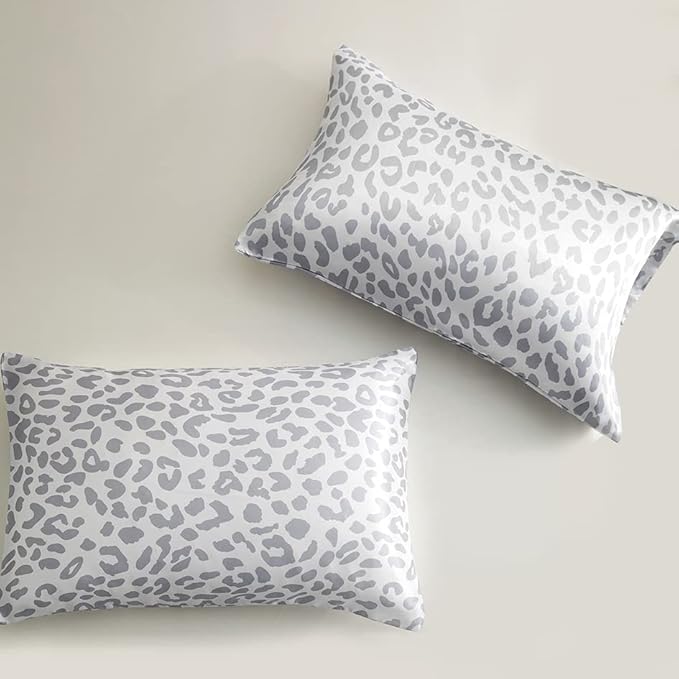 Silky Satin Toddler Pillowcases Pack of 2, 13x18 Inches Grey Leopard Printed Travel Pillowcases with Envelope Closure, Small Kids Pillow Cases Covers