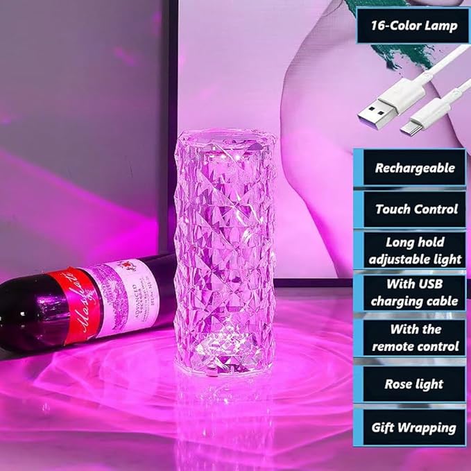 Portable Crystal Table Lamp, 16 Color Touch Control Rechargeable Lamp, Crystal