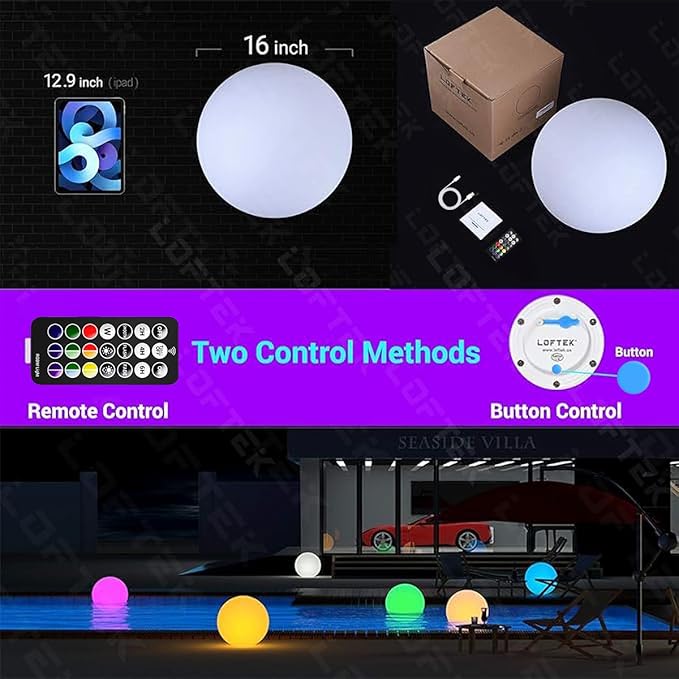 LOFTEK Floating Pool Light - 16-inch Large Ball Lamp with Remote - 3 Modes & 16 RGB Colorful - Waterproof & Rechargeable Globe Floor Lamp for Pool Party, Gaming Room, Garden, 1-Pack