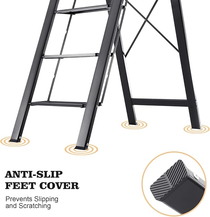 KINGRACK Aluminium 5 Step Ladder, Lightweight Step Stool with Non-Slip Pedals, Handrail, Folding Step Ladder for Kitchen, Garage, Home, Space Saving, Sturdy and Portable, Black
