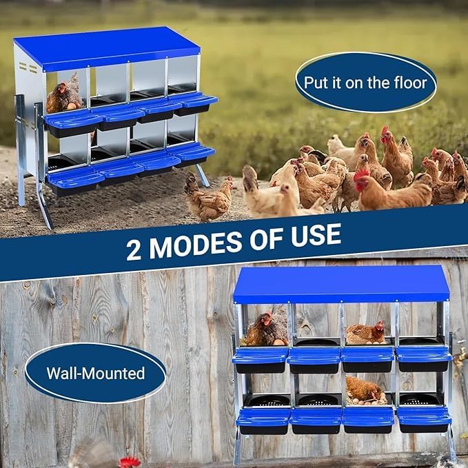 Chicken Nesting Box, 8-Compartment Egg Laying Box, Convenient for Collecting Eggs, Ventilated Poultry House Equipment in Metal Chicken Coop, Suitable for Hens and Ducks, (Blue, with Stand)