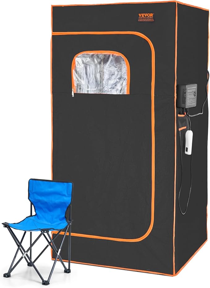 VEVOR Infrared Portable Sauna Tent, 1400W Personal Sauna Kit for Home Spa Heated Body Therapy, Time & Temperature Remote Control with Chair & Floor Mat, Black, 2.9’x 2.9’x 5.8’