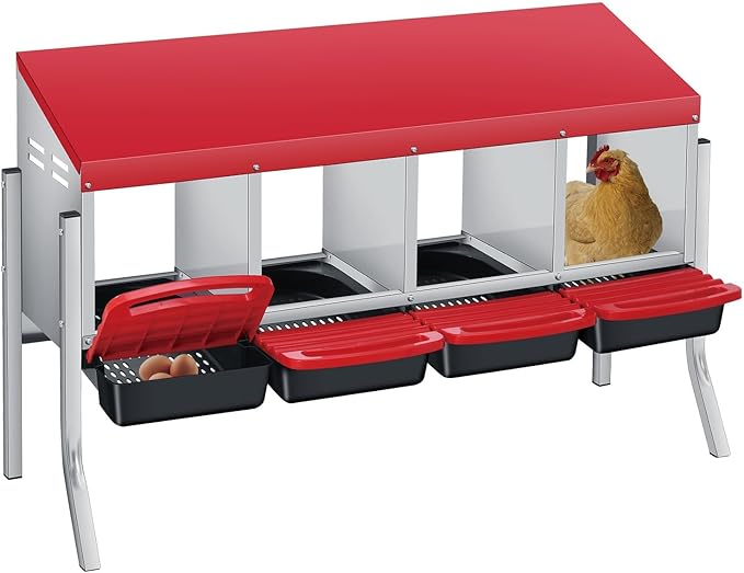 Chicken Nesting Boxes, Metal Rollaway Chicken Nest Box with Rollout Egg Collection, Removable Tray & Nesting Pads, Egg Laying Box for Chicken Coop Hens, Wall Mount or Standing, 4 Compartments, Red
