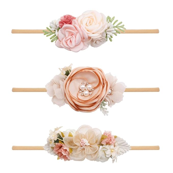 cherrboll 3pcs Baby Girl Headbands Flowers, Super Soft & Stretchy Nylon Floral Hairbands for Newborn Toddler