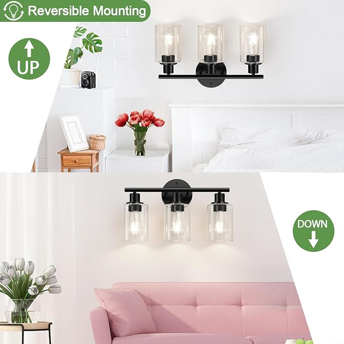 3-Light Bathroom Light Fixtures, 17.23" Black Modern Vanity Lights