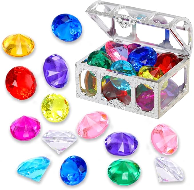 Diving gem Pool Toys Sand Toys,14Colorful Diamond Treasure Chest Summer Swimming gems Pirate Diving Toy Set Underwater Swimming toyChildren's Game Gifts for Boys and Girls(Silver White)