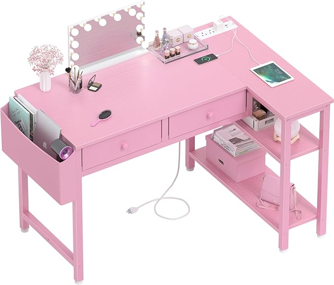 DLisiting Pink Reversible L Shaped Desk with Drawers and Shelves, Small Kids Study Vanity PC Computer Desk with Storage for Girls, Corner L-Shaped Desks for Small Space Bedroom