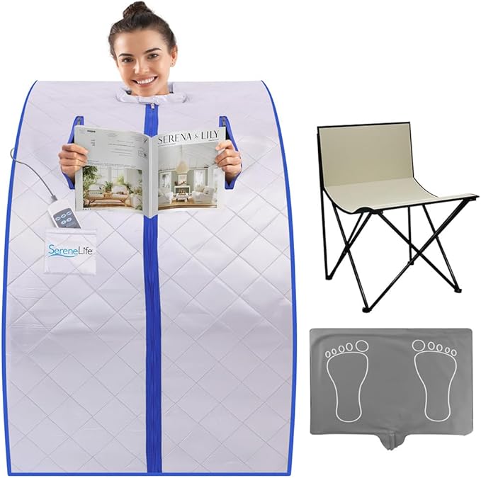SereneLife Portable Sauna Box for Home, Infrared Sauna Tent with Heated Foot Pad and Folding Chair, Remote Control In-Home Spa, 38" x 32” - (Silver)