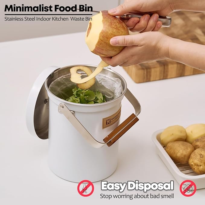 Kitchen Countertop Compost Bin 101ounces / 3Liters, Airtight Lid SUS304 Stainless Steel Odor-Free Food Waste Bin with Wooden Handle Stylish Design/Bathroom Trash Can (White)