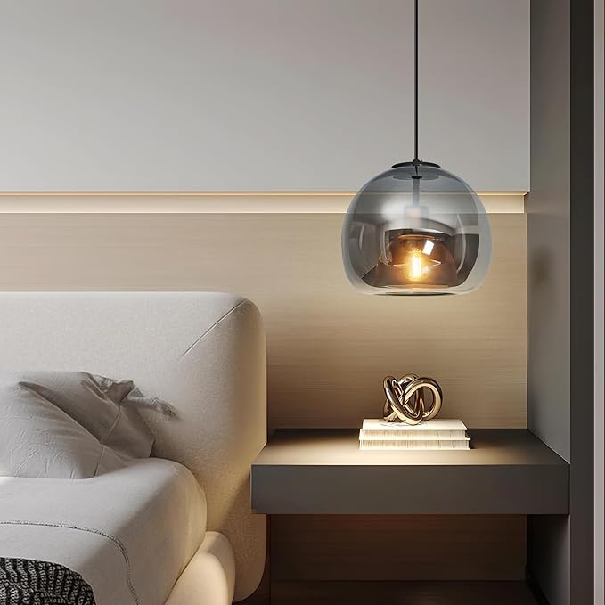 1-Light Mirror Gray Glass Pendant Lights Kitchen Island Black Hanging Light
