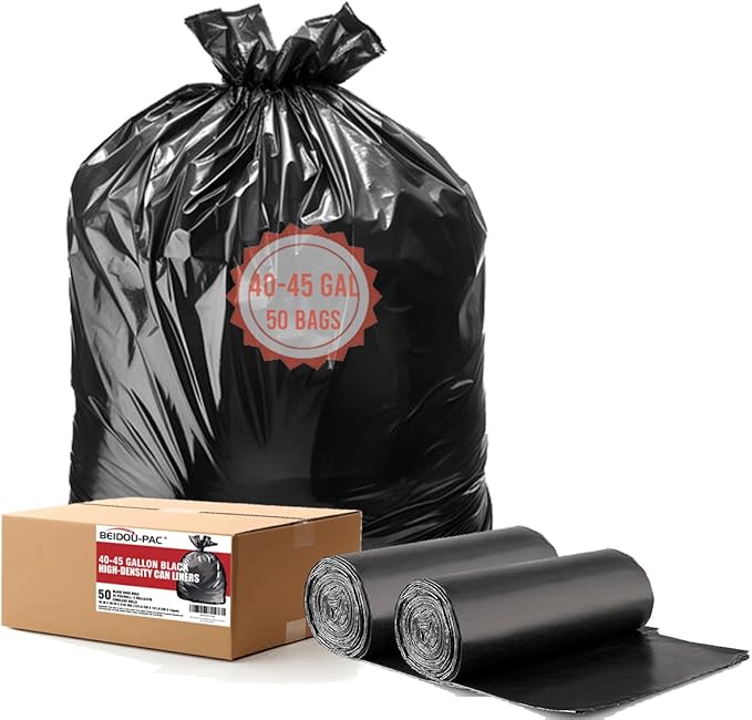 40-45 Gallon Lawn & Leaf Trash Bags, 50 Count Bulk, Black Garbage bags, Multi-purpose Trash Can Bin Liners for Home Commercial, Outdoor, Construction, Industrial
