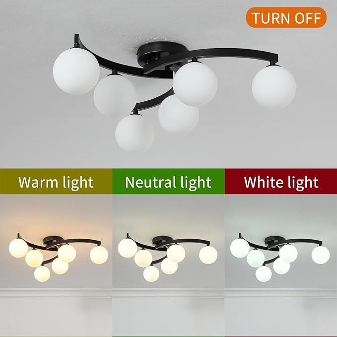 Mid Century Glass Globe Semi Flush Mount Ceiling Light Fixture, Modern 6 Light